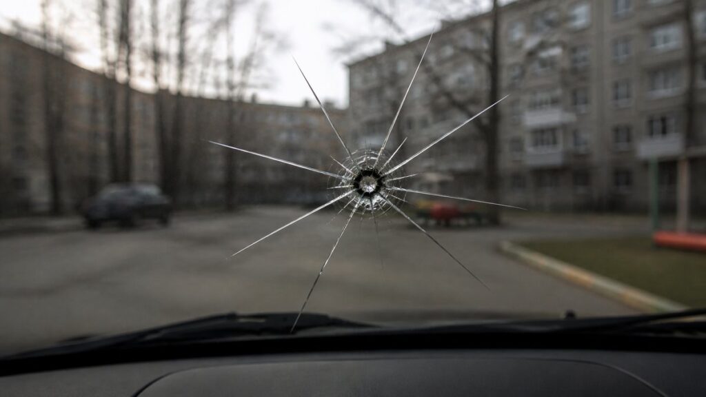 Скол в виде звезды на лобовом стекле автомобиля