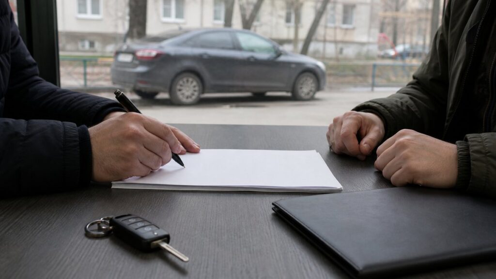 Продавец и покупатель подписывают договор купли-продажи автомобиля