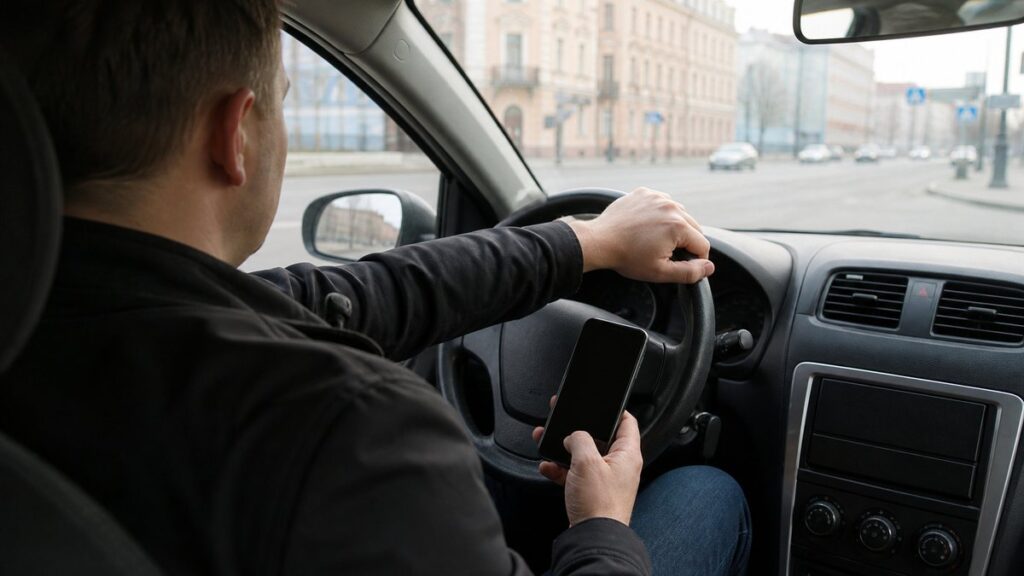 Водитель проверяет штрафы в смартфоне, сидя в автомобиле