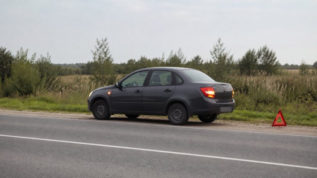 Автомобиль с аварийной сигнализацией на обочине дороги