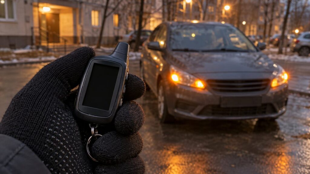 Брелок автомобильной сигнализации с дисплеем в руке на фоне машины
