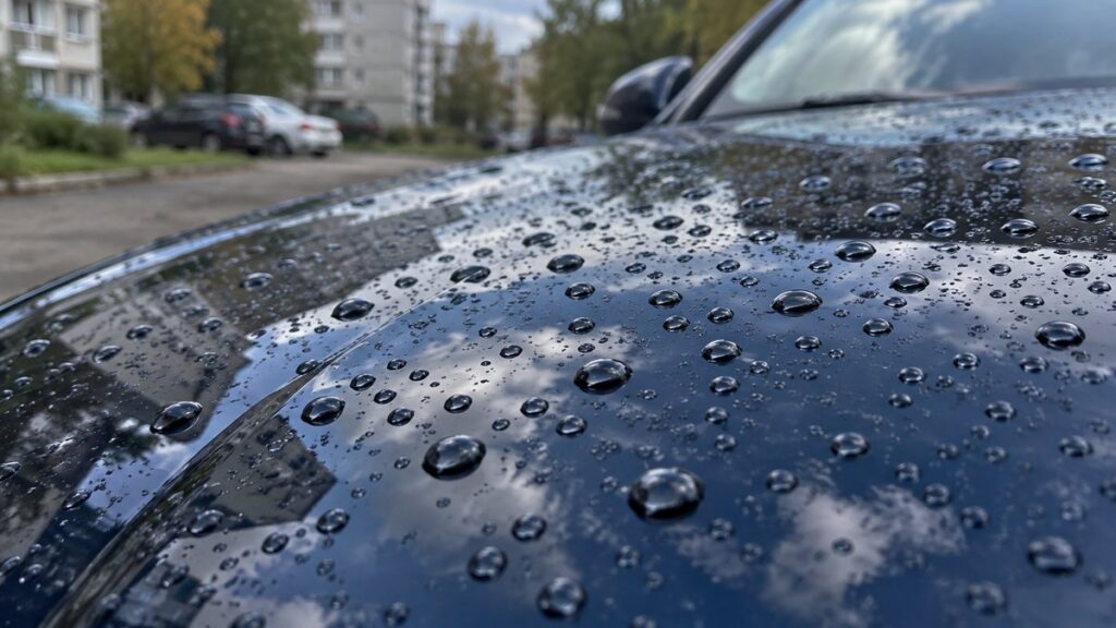 Капли воды на тёмном кузове автомобиля после обработки воском